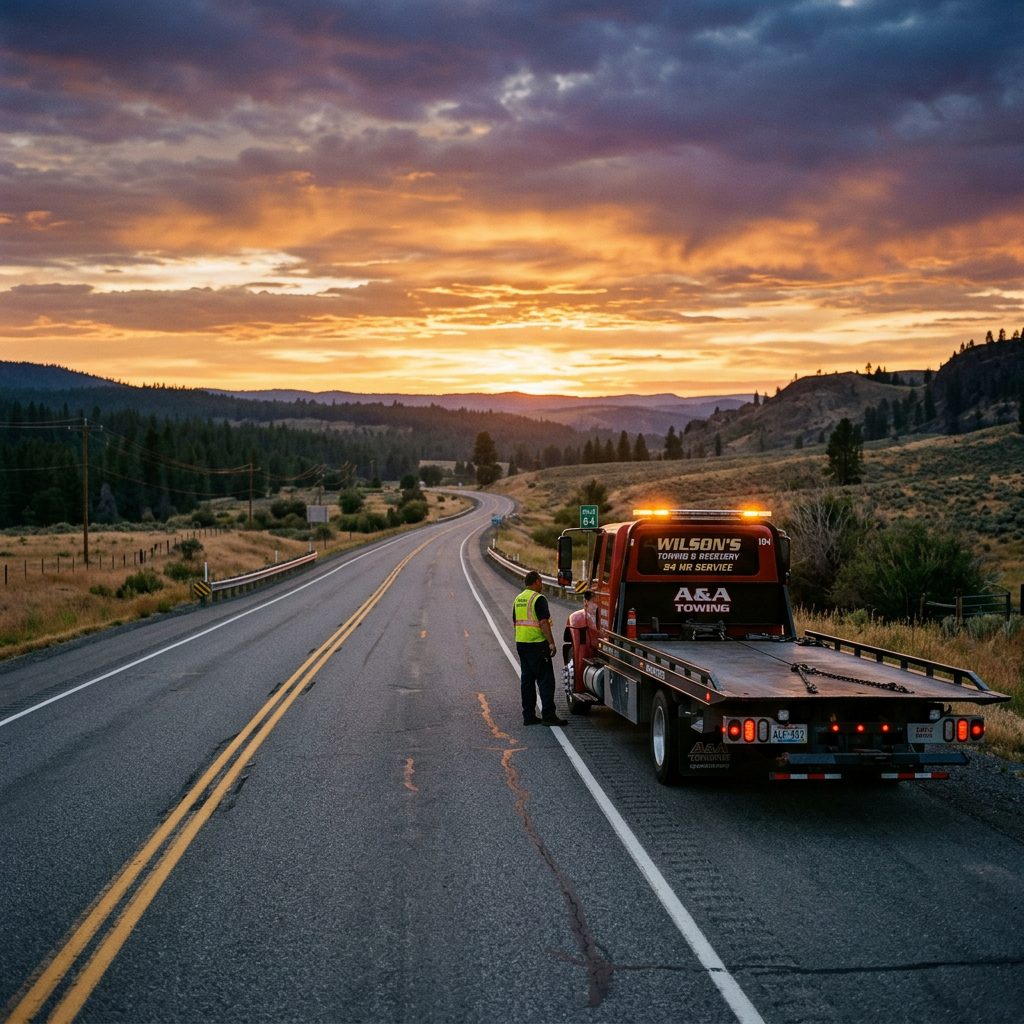 Tow truck parked on roadside with two workers standing nearby under a colorful sunset sky